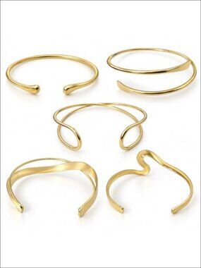 Gold Tone Open Cuff Bracelet Set 5 Pc Armlet Upper Arm Jewelry